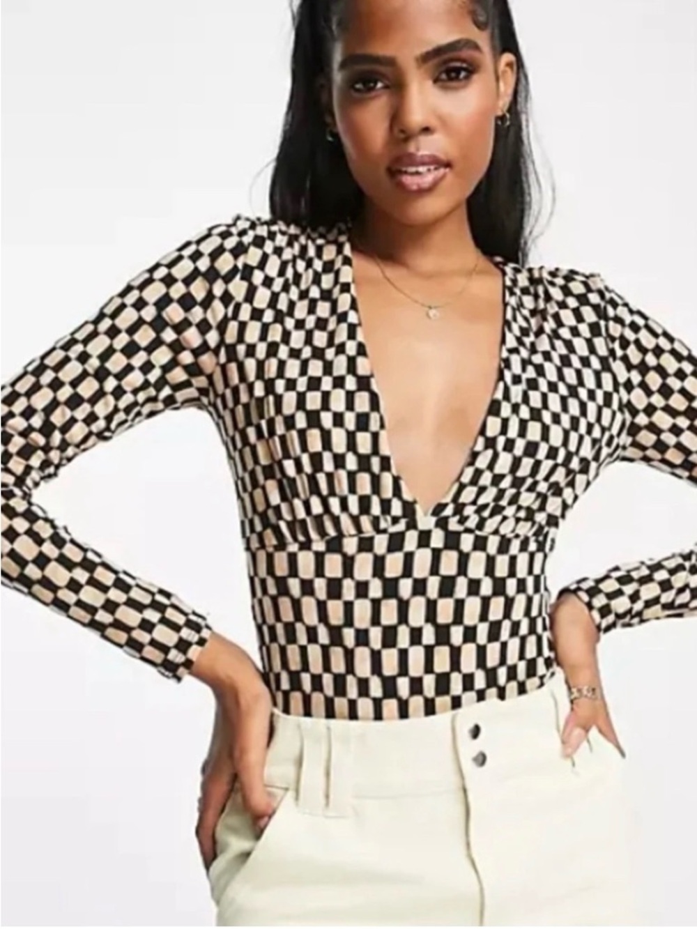 Abercrombie & Fitch Black & Beige Checkered Deep V Long-Sleeve Bodysuit